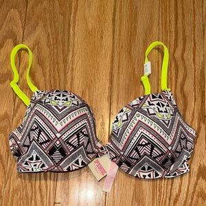 NWT VS PINK | GEOMETRIC BLK WHITE & PINK w/ Yellow Neon Straps Bra | 32C |